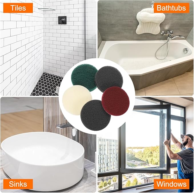 HARFINGTON 4pcs Scrubber Scouring Pads 180 400 800 1200 Grits 4 Inch Drill Power Brush Hoop and Loop Surface Conditioning Disc Drill Scuffing Disc Scrub Pads for Kitchen Cleaning, 4 Colors