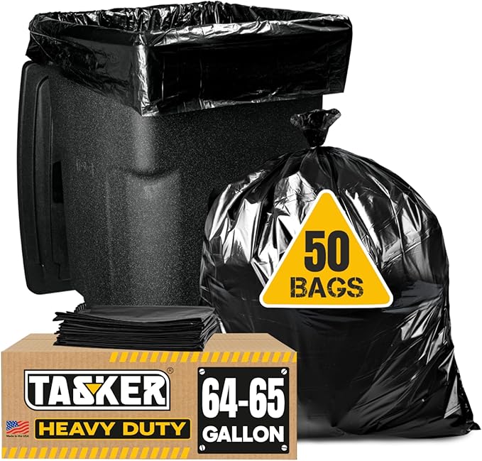 Tasker 64 Gallon Trash Bags Heavy Duty (Value-PACK 50 Bags w/Ties) 64 Gallon Trash Bags | 65 Gallon Trash Bag Heavy Duty Large Black Industrial Garbage Bags | 60 Gallon Garbage Bag