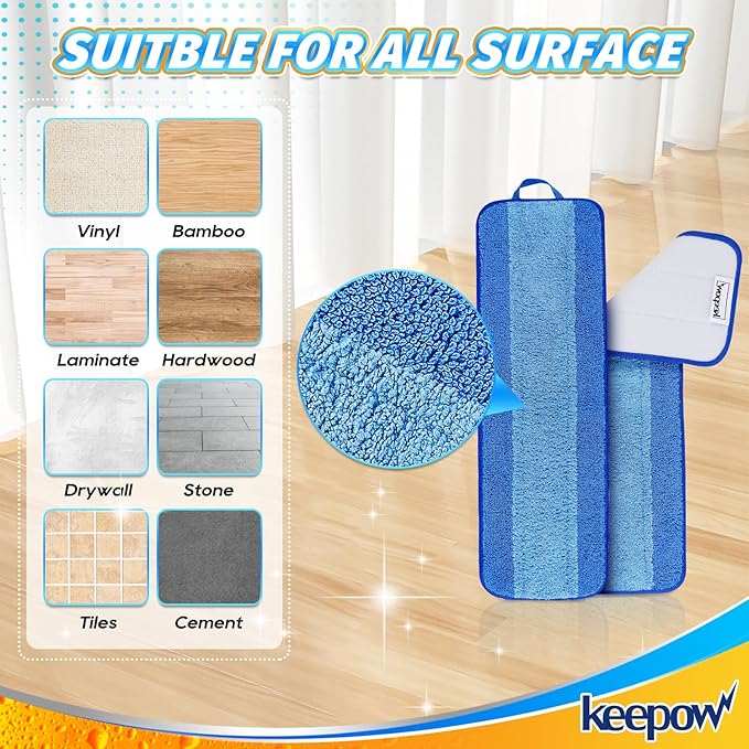 KEEPOW Microfiber Cleaning Pad, Mop Replacement Pads for Hardwood Floor Cleaner, 18 Inch, Washable & Reusable Spray Refills for Hard Surface Laminate Wood (3 Pack)