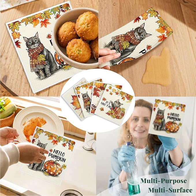 Fall Cat Swedish Dishcloths for Kitchen Cloths Towels, Cute Cat Vintage Autumn Pumpkin Maple Leaves Gifts Set 4 Pack Dish Cloths for Kitchen, Papaya Reusable Cleaning Paper Towels Washable