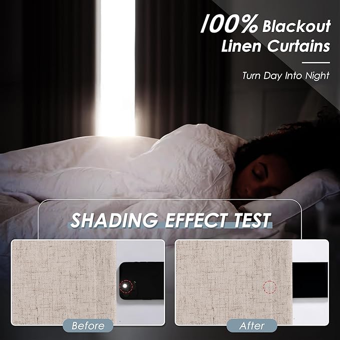 Oatmeal Linen 100% Black Out Curtains 108 Inches Long 2 Panels Set for Bedroom Boho Farmhouse Back Tab Thermal Insulated Energy Efficient Room Darkening Curtains Living Room High Ceiling Length 9 FT
