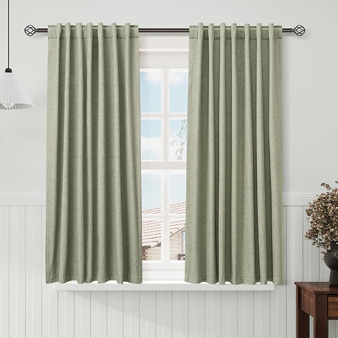 Nanspring Sage Green Linen Curtains 63 inches Long Back Tab Rod Pocket Curtain Thermal Insulated Textured Short 100% Blackout Curtains 2 Panels Set 52x63