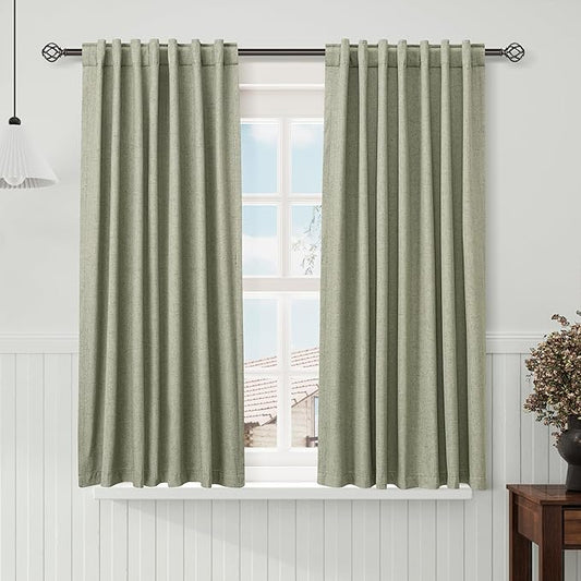 Nanspring Sage Green Linen Curtains 63 inches Long Back Tab Rod Pocket Curtain Thermal Insulated Textured Short 100% Blackout Curtains 2 Panels Set 52x63
