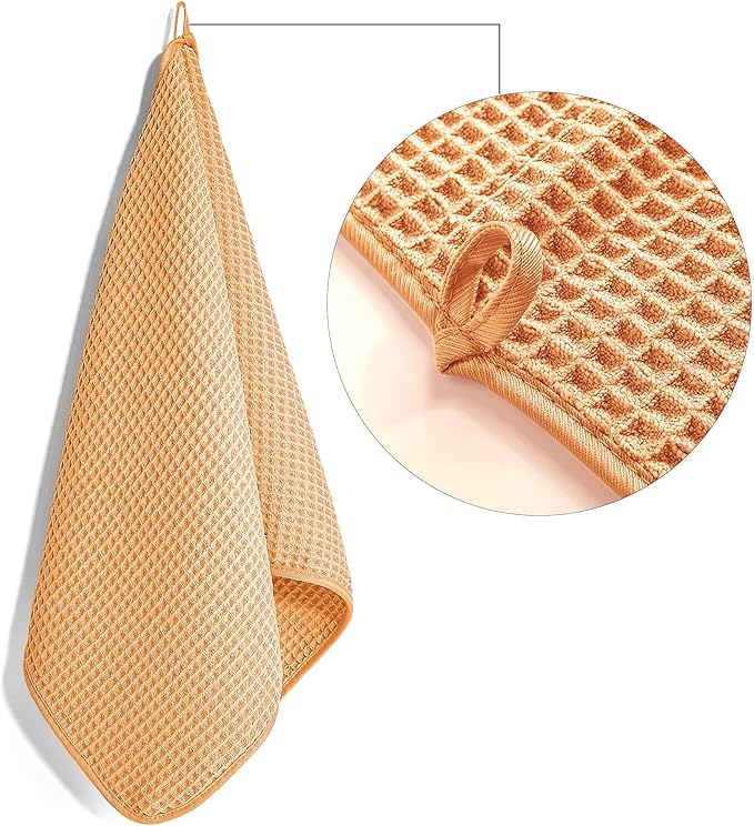 POLYTE Microfiber Lint Free Hand Towel, 16 x 30 in, 4 Pack (Orange, Waffle Weave)