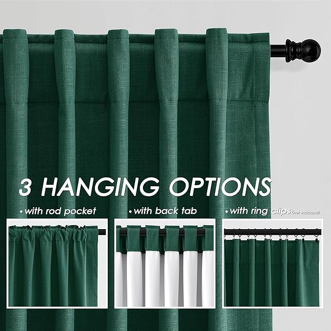 Nanspring 100% Blackout Curtains 2 Panels Set Back Tab Dark Green Window Curtains 102 Inches Long Full Black Out Cotton Textured Linen Curtains Thermal Insulated for Living Room 52x102