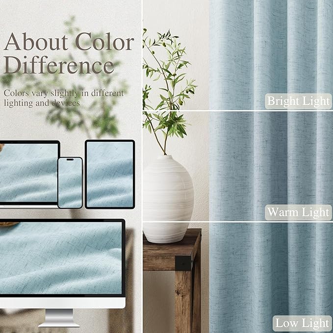 Nanspring Light Blue Linen Blackout Curtains 84 Inches for Bedroom Modern Farmhouse Living Room Draperies Cream Colored Thermal Insulated Full Shading Curtains for Sliding Door 52x84