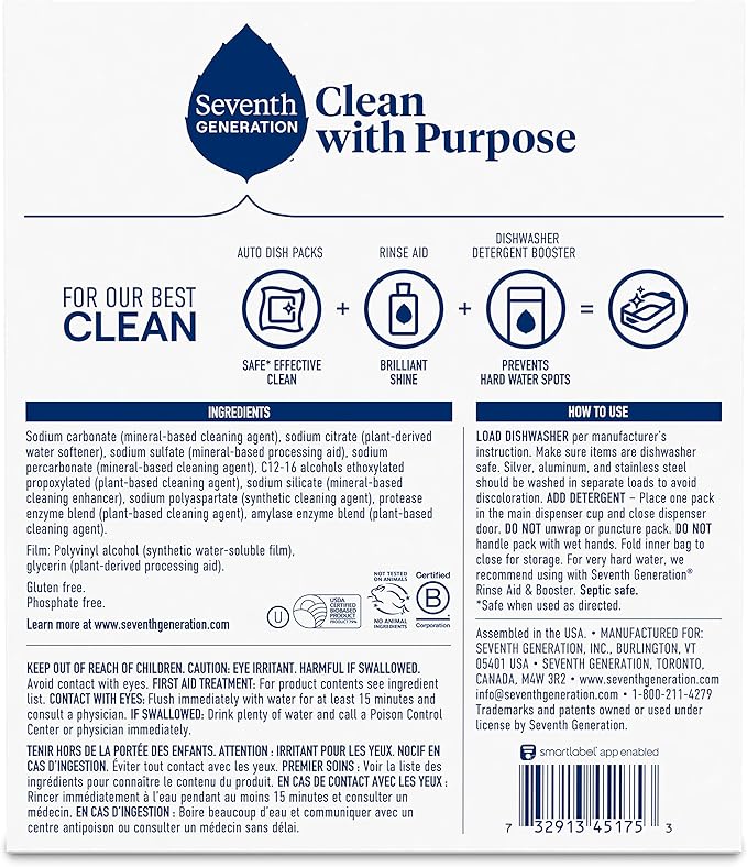 Seventh Generation Dishwasher Detergent Packs Free & Clear Pack of 5 for sparkling dishes Dishwasher tabs 45 count