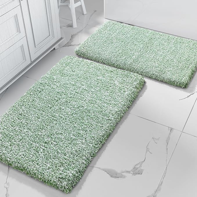 Yimobra Bathroom Rug Set 2 Piece, Soft Absorbent Microfiber Bath Mat Set, Non Slip Machine Washable Dry, Plush Shaggy Shower Rugs for Bathroom Floor, 32"x20"+24"x17", Light Green and White