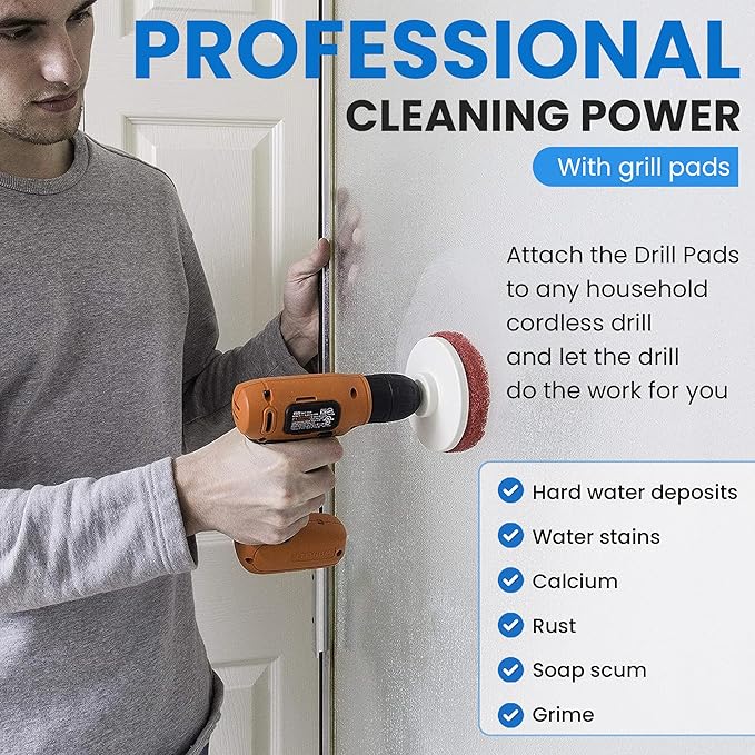 Bring It On Cleaner Hard Water Stain Remover for Glass, Soap Scum remover for Shower glass, Fiberglass, Windows, Tile and Grout Cleaner, Water Spot Remover for Glass Includes Scrubbing Drill Pads