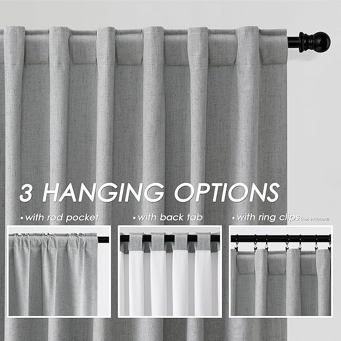 Extra Long Blackout Curtains 108 Inches Long Silver Grey Modern Linen Back Tab Pocket Curtains for Sliding Glass Doors Thermal Light Blocking Floor Length Windows Drapes With White Backing 52X108