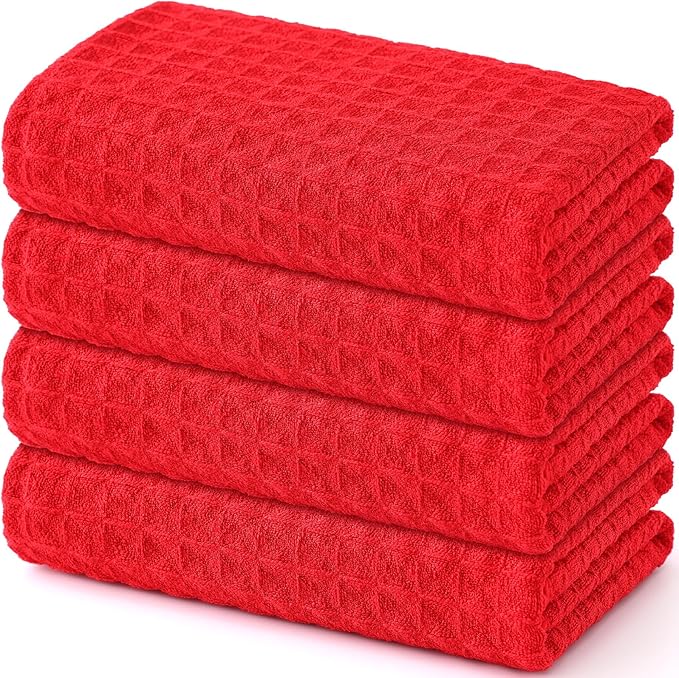 Homaxy Microfiber Waffle Weave Kitchen Towels, 16 x 28 Inch Ultra Absorbent and Solid Color Dish Towels, 4 Pack, Red