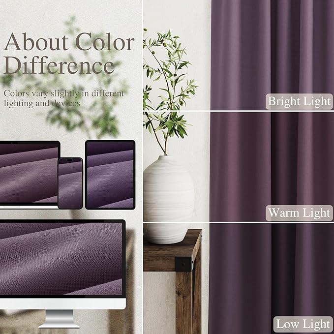Full Black Out Plum Window Curtains 96 Inches Long Back Tab Rod Pocket Thermal Insulated Noise Reducing Full Light Black Out 2 Panels Set for Living Room Elegant Modern Curtains Drapes 52x96