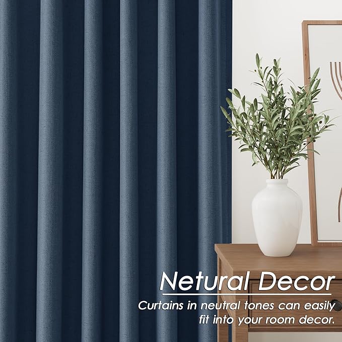 2 Panels Set Denim Blue Linen Curtains 120 Inch Length Extra Long 10 FT Back Tab Pocket High Ceiling to Floor 10FT Thermal Insulated Total Light Blocking for Dining Room Cottage Windows 52x120