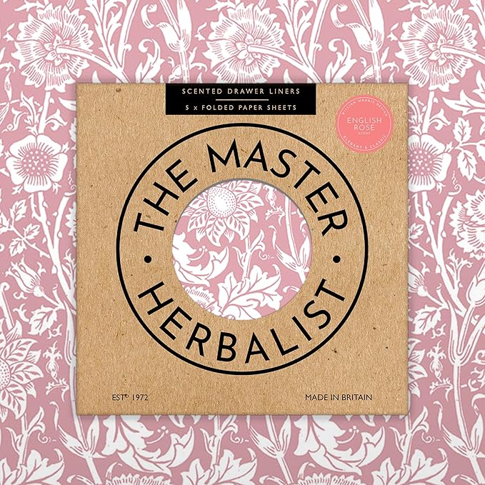 The Master Herbalist Rose Scented Drawer Liners in a Pink William Morris Design. Contains Rose Essential Oil | Pack of 5 Folded Sheets | Contains Essential Oils | Made in The UK.