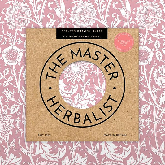 The Master Herbalist Rose Scented Drawer Liners in a Pink William Morris Design. Contains Rose Essential Oil | Pack of 5 Folded Sheets | Contains Essential Oils | Made in The UK.