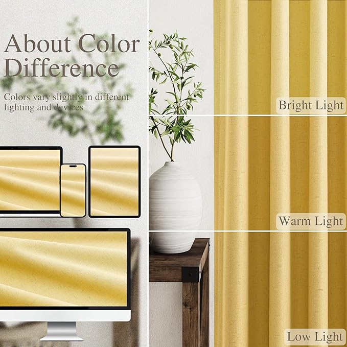 Nanspring Gold Yellow Linen Curtains 90 Inches Long Loop Pocket Rod Pocket Thermal Insulated Flax Linen Sound Proof Sun Block Out 2 Panels Set for Nursery Rustic Farmhouse Curtains Drapes 52x90