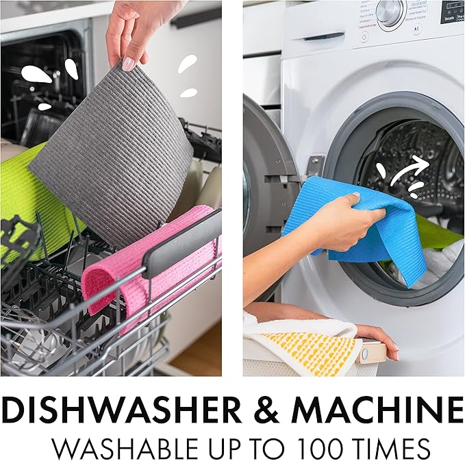 SUPERSCANDI 6 Pack Swedish Dishcloths for Kitchen - 100% Biodegradable & Compostable Reusable Paper Towels Washable, Food-Safe & Without Plastic - Dish Rags for Any Surface, Pink, Yellow, White