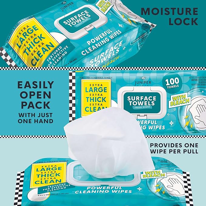 6 Packs Surface Wipes with Bleach, Thick & Large Dispose, All-Purpose Cleaner for Bathroom, Kitchen, Office, 600 Count Soft Flow, Biodegradable, Fresh Scent