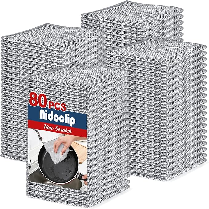 80pcs Non Scratch Wire Dishcloth, Multipurpose Wire Dishwashing Rags for Wet and Dry, Reusable Stainless Steel Cleaning Cloth, Kitchen Metal Dish Cloths for Washing Dishes Sinks, Dishes, Stove Top