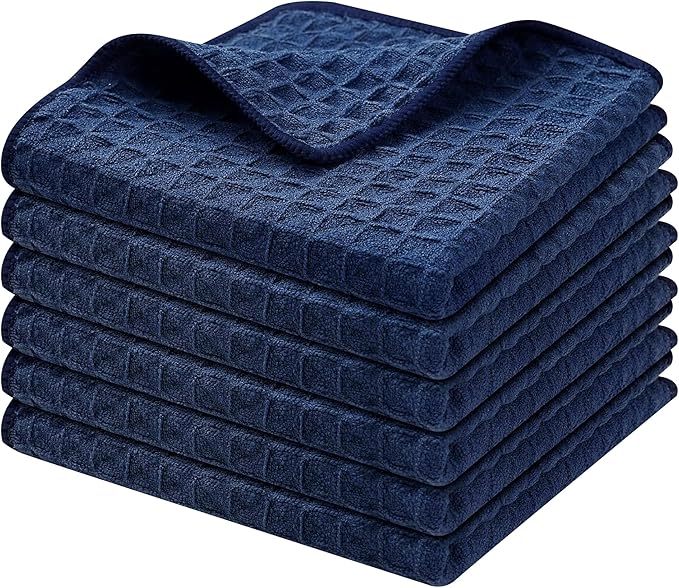 Homaxy Microfiber Waffle Weave Kitchen Dish Cloths, 12 x 12 Inch Ultra Absorbent and Solid Color Dish Towels for Kitchen Fast Drying Dishcloth for Washing Dishes, 6 Pack, Navy Blue