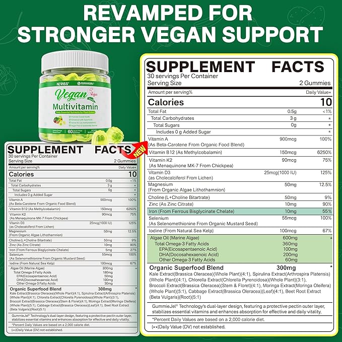 NEVISS Vegan Multivitamin for Women & Men w/Methyl B12, D3 K2, Plant Based Omega 3 (DHA+EPA), Iron, Choline, Zinc, Whole Food Daily Vitamins Gummies for Vegans & Vegetarians, Sugar Free, 60Cts
