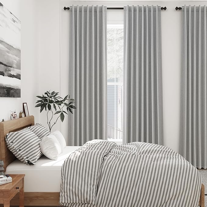 Extra Long Blackout Curtains 108 Inches Long Silver Grey Modern Linen Back Tab Pocket Curtains for Sliding Glass Doors Thermal Light Blocking Floor Length Windows Drapes With White Backing 52X108