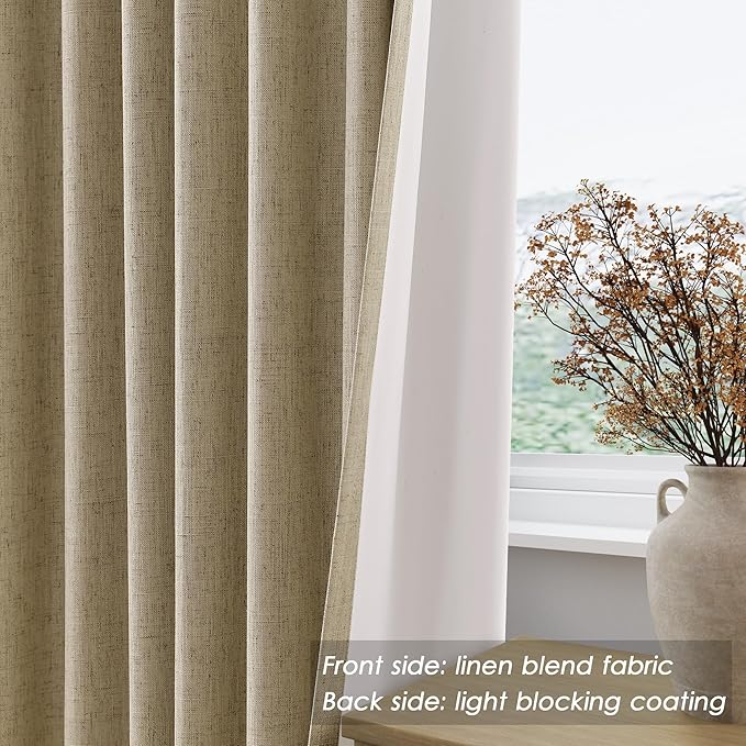 Extra Long Blackout Curtains 108 Inches Long Tan Brown Modern Linen Back Tab Rod Pocket Curtains for Sliding Glass Doors Thermal Light Blocking Floor Length Windows Drapes With White Backing 9Ft
