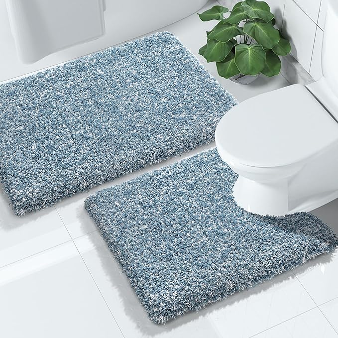 Yimobra Bathroom Rugs Sets 2 Piece, Soft Absorbent Bath Mat and U-Shaped Toilet Rug with Non Slip Backing, Machine Washable, Plush Shaggy Bath Mats for Bathroom, 32"x20"+24"x20", Denim Blue and White