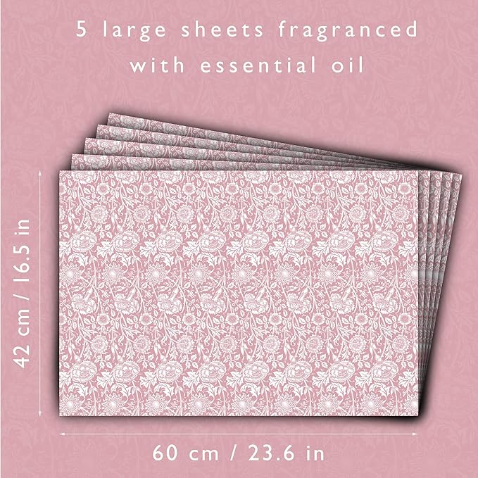 The Master Herbalist Rose Scented Drawer Liners in a Pink William Morris Design. Contains Rose Essential Oil | Pack of 5 Folded Sheets | Contains Essential Oils | Made in The UK.