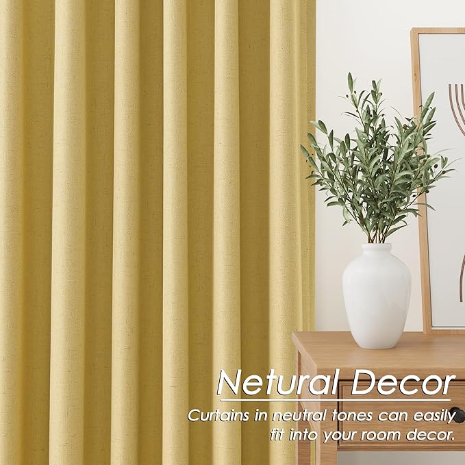 Blackout Gold Linen Curtains 120 Inch Long Thermal Insulated 2 Panels Farmhouse Back Tab Extra Long 10 FT Draperies Light Blocking Darkening Living Room Curtains for High Ceiling Bedrooms 52X120