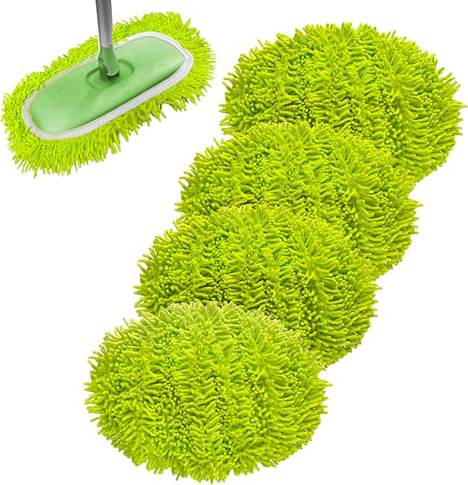 Reusable Microfiber Chenille Mop Pads Compatible with Swiffer Sweeper, Dry Sweeping Cloths & Wet Mopping Cloths, Refills for Hardwood Surface Floor Cleaning, 4 Pack (Green)