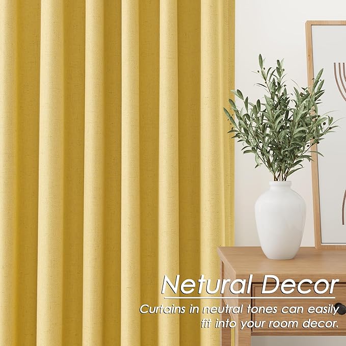 Nanspring Gold Yellow Linen Curtains 90 Inches Long Loop Pocket Rod Pocket Thermal Insulated Flax Linen Sound Proof Sun Block Out 2 Panels Set for Nursery Rustic Farmhouse Curtains Drapes 52x90
