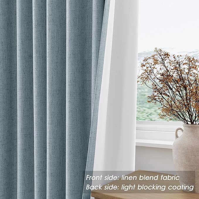 Extra Long Blackout Curtains 108 Inches Long Dark Blue Modern Linen Back Tab Rod Pocket Curtains for Sliding Glass Doors Thermal Light Blocking Floor Length Windows Drapes With White Backing 9Ft