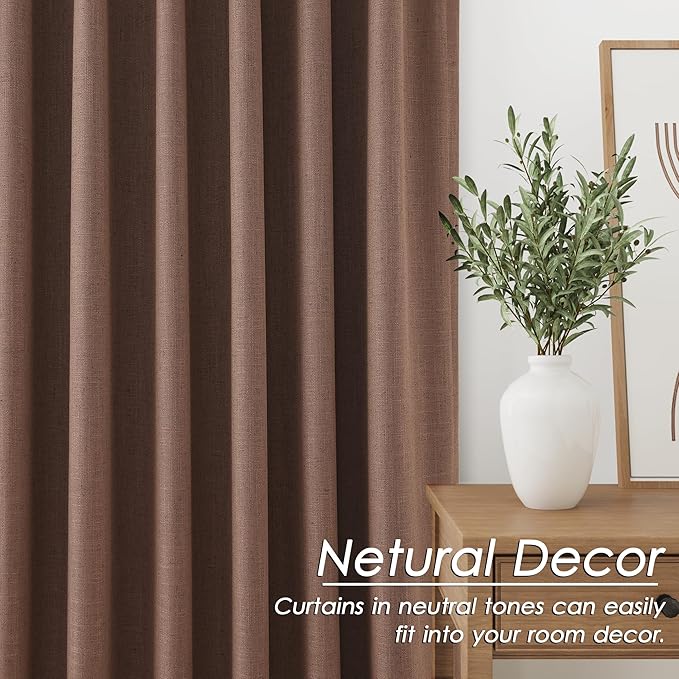 Caramel Brown Linen Blackout Curtains 108 Inches Long 2 Panel Set for Living Room Back Tab Pocket Drapes Cotton Textured Room Darkening Light Blocking Curtain for Bedroom Cottage High Window 52x108