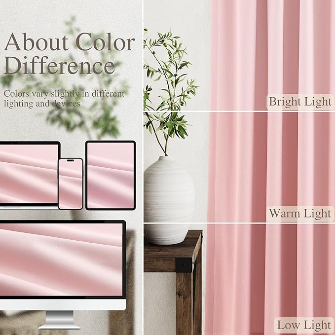 Pink Linen Blackout Curtains 108 Inches Long 2 Panel Set for Living Room Back Tab Pocket Drapes Cotton Textured Room Darkening Light Blocking Curtain for Bedroom Cottage High Window 52x108