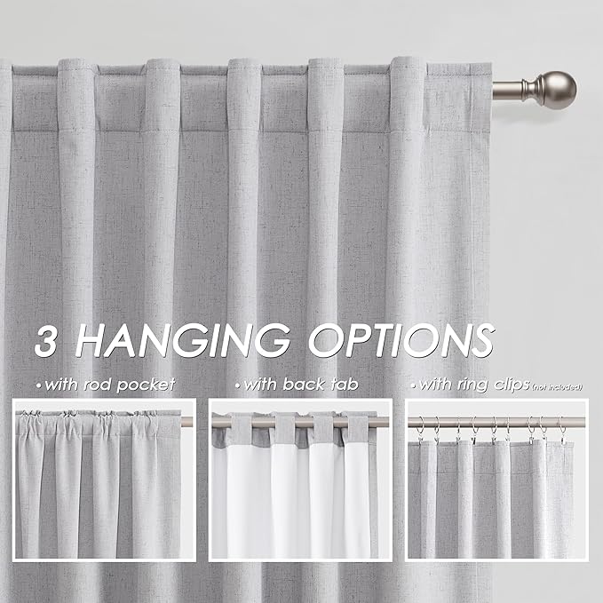 Nanspring Grey Linen 100% Blackout Curtains 80 inch Length Back Tab Rod Pocket Drapes Thermal Insulated Textured Bedroom Black Out Curtains 2 Panels Set 52x80