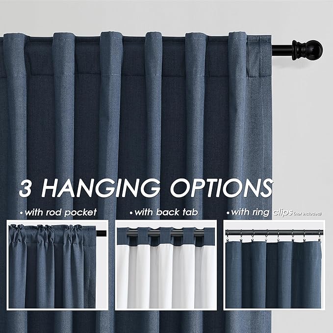 Vintage Blue Linen Blackout Curtains 120 Inch Length 2 Panels Set Burg Extra Long 10 Ft Back Tab Pocket Drapes Cotton Textured Total Sun Blocking Curtains for Living Room Cottage High Window 52x120