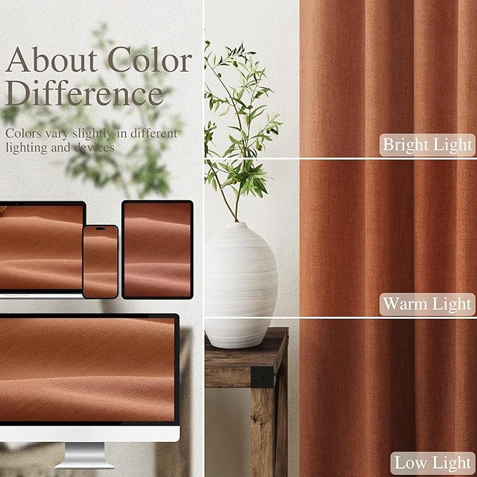 Nanspring Terracotta 100% Blackout Linen Curtains 132 inch Length Back Tab Rod Pocket Drapes Thermal Insulated Textured Living Room Blac kout Curtains 2 Panels Set 52x132