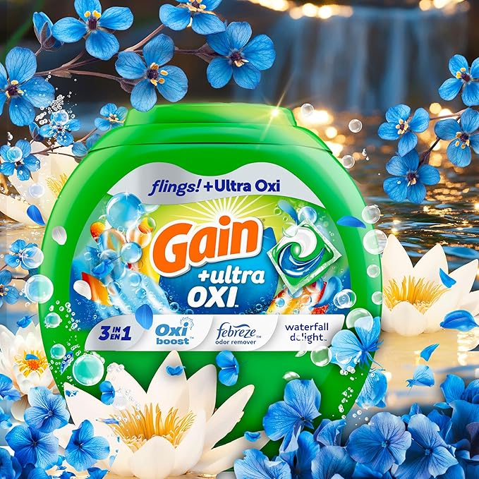 Gain flings Ultra Oxi Laundry Detergent Pacs, 60 Count, Waterfall Delight Scent, 3-in-1, HE Compatible