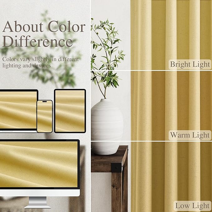 Blackout Gold Linen Curtains 120 Inch Long Thermal Insulated 2 Panels Farmhouse Back Tab Extra Long 10 FT Draperies Light Blocking Darkening Living Room Curtains for High Ceiling Bedrooms 52X120