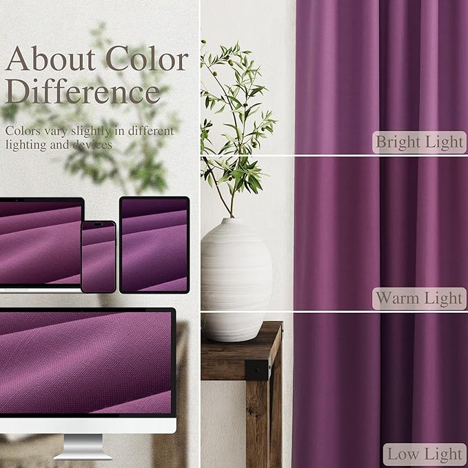 Nanspring Full Blackout Linen Purple Curtains 90 Inches Long for Living Room Patio Sliding Door Back Tab 100% Black Out Bedroom Curtains Boho Elegant Modern Window Curtain Panels Set of 2 52x90 Inch