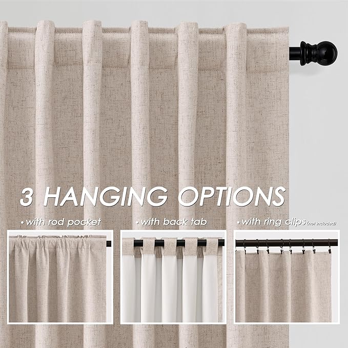 Oatmeal Linen 100% Black Out Curtains 108 Inches Long 2 Panels Set for Bedroom Boho Farmhouse Back Tab Thermal Insulated Energy Efficient Room Darkening Curtains Living Room High Ceiling Length 9 FT