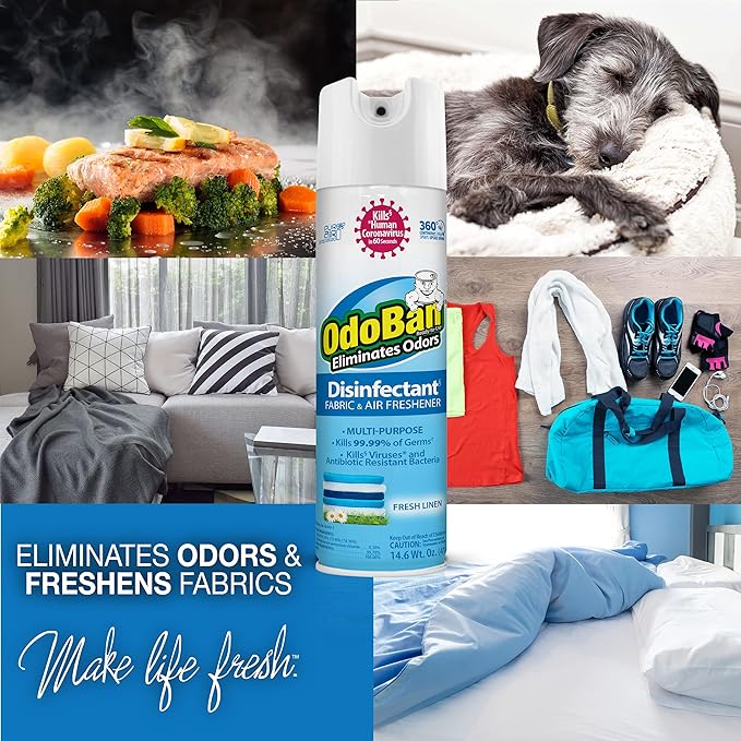 OdoBan Ready-to-Use Disinfectant and Harsh Aroma Eliminator, Cleaner and Fabric/Air Freshener, Set of 2, 14.6 Ounce 360-Degree Continuous Spray and 32 Ounce Trigger Spray, Fresh Linen Scent