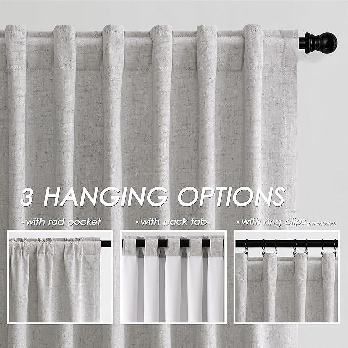 Extra Long Blackout Curtains 108 Inches Long Silver Birch Modern Linen Back Tab Pocket Curtains for Sliding Glass Doors Thermal Light Blocking Floor Length Windows Drapes With White Backing 52X108