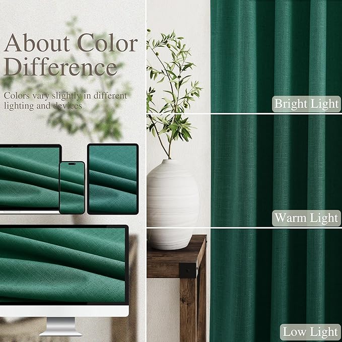Nanspring 100% Blackout Curtains 2 Panels Set Back Tab Dark Green Window Curtains 102 Inches Long Full Black Out Cotton Textured Linen Curtains Thermal Insulated for Living Room 52x102