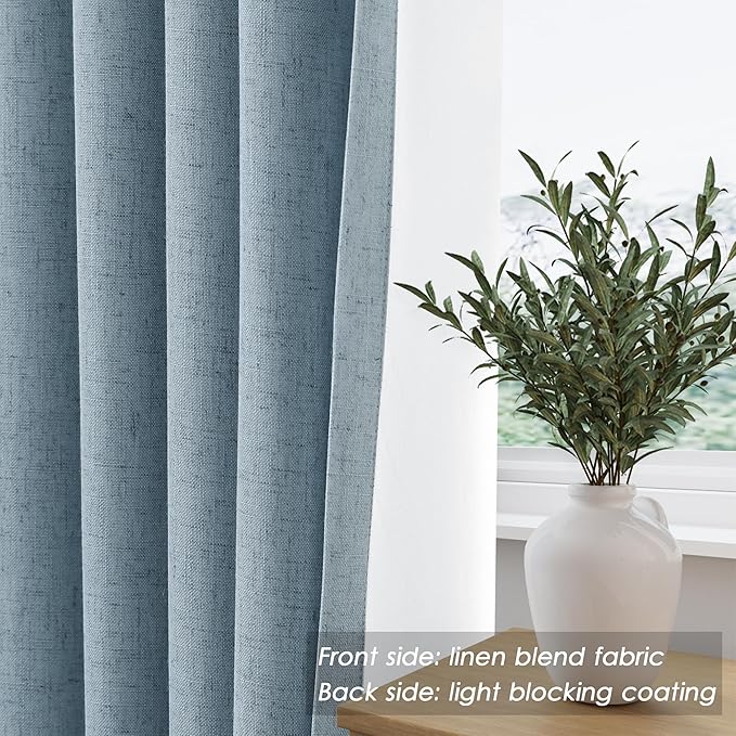 100% Blackout Linen Curtains 90 inch Length 2 Panels for Living Room Loop Pocket Pinch Pleated Black Out Drapes Blue Colored Heat Reducing Total Blackout Window Curtains for Bedroom 90 inches Long