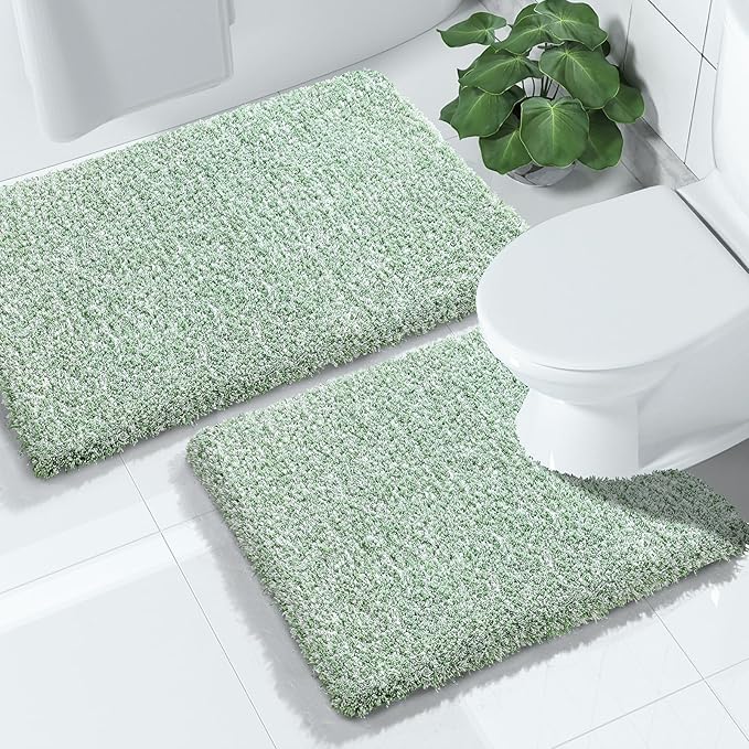 Yimobra Bathroom Rugs Sets 2 Piece, Soft Absorbent Bath Mat and U-Shaped Toilet Rug with Non Slip Backing, Machine Washable, Plush Shaggy Bath Mats for Bathroom, 32"x20"+24"x20", Light Green and White