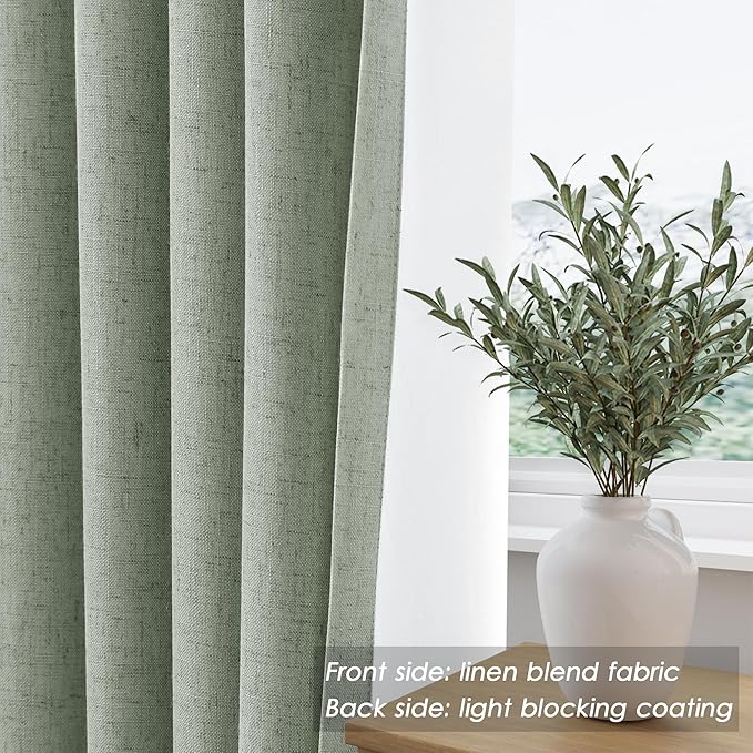 Nanspring Desert Sage Linen Blackout Curtains 90 Inches Long Loop Pocket Rod Pocket Flax Linen Sound Absorbing Light Blocking 2 Panels Set for Dining Room Modern Urban Curtains Drapes 52x90