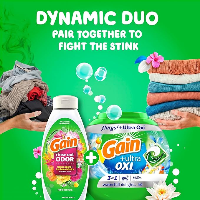 Gain flings Ultra Oxi Laundry Detergent Pacs, 60 Count, Waterfall Delight Scent, 3-in-1, HE Compatible