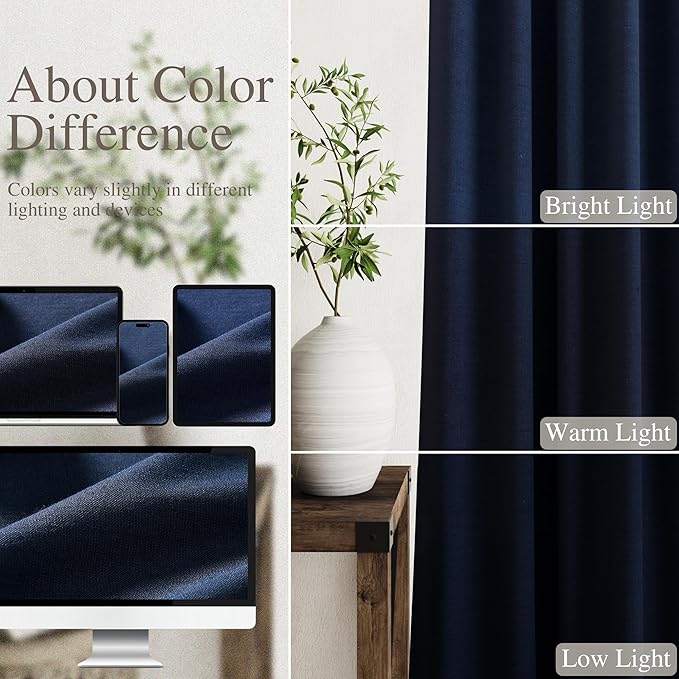 100% Blackout Linen Curtains 92 Inch Length 2 Panels for Living Room Loop Pocket Pinch Pleated Black Out Drapes Navy Blue Heat Reducing Total Blackout Window Curtain for Boy Man Bedroom 90 Inches
